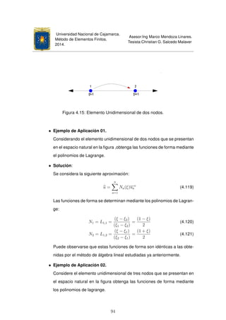 Universidad Nacional de Cajamarca.
Método de Elementos Finitos.
2014.
Asesor:Ing Marco Mendoza Linares.
Tesista:Christian G. Salcedo Malaver
Figura 4.15: Elemento Unidimensional de dos nodos.
• Ejemplo de Aplicación 01.
Considerando el elemento unidimensional de dos nodos que se presentan
en el espacio natural en la ﬁgura ,obtenga las funciones de forma mediante
el polinomios de Lagrange.
• Solución:
Se considera la siguiente aproximación:
u =
n
a=1
Na(ξ)ua
e
(4.119)
Las funciones de forma se determinan mediante los polinomios de Lagran-
ge:
N1 = L1,1 =
(ξ − ξ2)
(ξ1 − ξ2)
=
(1 − ξ)
2
(4.120)
N2 = L1,2 =
(ξ − ξ1)
(ξ2 − ξ1)
=
(1 + ξ)
2
(4.121)
Puede observarse que estas funciones de forma son idénticas a las obte-
nidas por el método de álgebra lineal estudiadas ya anteriormente.
• Ejemplo de Aplicación 02.
Considere el elemento unidimensional de tres nodos que se presentan en
el espacio natural en la ﬁgura obtenga las funciones de forma mediante
los polinomios de lagrange.
94
 