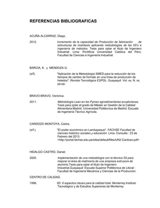 REFERENCIAS BIBLIOGRAFICAS

ACUÑA ALCARRAZ, Diego.
2012.

Incremento de la capacidad de Producción de fabricación
de
estructuras de mototaxis aplicando metodologías de las 5S's e
ingeniería de métodos. Tesis para optar el titulo de Ingeniero
Industrial. Lima: Pontificia Universidad Católica del Perú:
Facultad de Ciencias e Ingeniería Industrial.

BARCIA, K. y MENDOZA G.
(s/f).

"Aplicación de la Metodología SMED para la reducción de los
tiempos de cambio de formato en una línea de producción de
helados". Revista Tecnológica ESPOL. Guayaquil. Vol. xx, N. xx,
pp-pp.

BRAVO BRAVO, Verónica.
2011.

Metodología Lean en las Pymes agroalimentarias ecuatorianas.
Tesis para optar el grado de Máster en Gestión de la Calidad
Alimentaria.Madrid: Universidad Politécnica de Madrid: Escuela
de Ingeniería Técnico Agrícola.

CARDOZO MONTOYA, Carlos.
(s/f.).

"El poder económico en Lambayeque". FACHSE Facultad de
ciencias histórico sociales y educación. Lima. Consulta : 23 de
Febrero del 2013.
<http://portal.fachse.edu.pe/sites/default/files/UN2-Cardoso.pdf>

HIDALGO CASTRO, Daniel.
2005.

Implementación de una metodología con la técnica 5S para
mejorar el área de matricería de una empresa extrusora de
aluminio.Tesis para optar el titulo de Ingeniero
Industrial.Guayaquil: Escuela Superior Politécnica de Litoral :
Facultad de Ingeniería Mecánica y Ciencias de la Producción.

CENTRO DE CALIDAD.
1998.

9S: 9 aspectos claves para la calidad total. Monterrey:Instituto
Tecnológico y de Estudios Superiores de Monterrey.

 