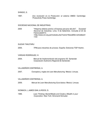 SHINGO, S.
1997.

Una revolución en la Producción: el sistema SMED. Cambridge:
Productivity Press Cambridge.

SOCIEDAD NACIONAL DE INDUSTRIAS.
2005

"Hitepima obtiene premio a Empresa peruana del año". Sociedad
Nacional de Industrias. Lima. 9 de Setiembre. Consulta el 23 de
Febrerodel2013.
<http://www.sni.org.pe/modules.php?name=News&file=article&sid=
118>

SUZUKI TAKUTARU
2005.

TPM para industrias de proceso. España: Ediciones TGP Hoshin.

VARGAS RODRIGUEZ, H.
2004.

Manual de Implementación del programa 5S. Santander
Corporación Autónomo Regional de Santander.

VILLASEÑOR CONTRERAS, A.
2007.

Conceptos y reglas de Lean Manufacturing. Mexico: Limusa.

VILLASEÑOR CONTRERAS, A.
2009.

Manual de Lean Manufacturing Guía básica. Mexico: Limusa.

WOMACK J, JAMES DAN, & ROOS, D.
1996.

Lean Thinking: BanishWaste and Create a Wealth in your
Corporation. New York: Simonand Schuster.

 