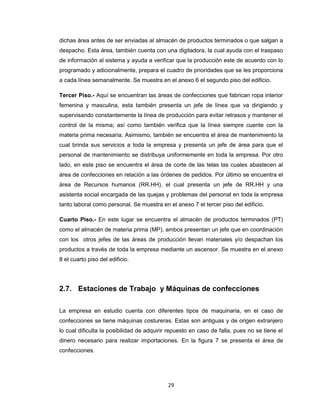 dichas área antes de ser enviadas al almacén de productos terminados o que salgan a
despacho. Esta área, también cuenta con una digitadora, la cual ayuda con el traspaso
de información al sistema y ayuda a verificar que la producción este de acuerdo con lo
programado y adicionalmente, prepara el cuadro de prioridades que se les proporciona
a cada línea semanalmente. Se muestra en el anexo 6 el segundo piso del edificio.
Tercer Piso.- Aquí se encuentran las áreas de confecciones que fabrican ropa interior
femenina y masculina, esta también presenta un jefe de línea que va dirigiendo y
supervisando constantemente la línea de producción para evitar retrasos y mantener el
control de la misma; así como también verifica que la línea siempre cuente con la
materia prima necesaria. Asimismo, también se encuentra el área de mantenimiento la
cual brinda sus servicios a toda la empresa y presenta un jefe de área para que el
personal de mantenimiento se distribuya uniformemente en toda la empresa. Por otro
lado, en este piso se encuentra el área de corte de las telas las cuales abastecen al
área de confecciones en relación a las órdenes de pedidos. Por último se encuentra el
área de Recursos humanos (RR.HH), el cual presenta un jefe de RR.HH y una
asistenta social encargada de las quejas y problemas del personal en toda la empresa
tanto laboral como personal. Se muestra en el anexo 7 el tercer piso del edificio.
Cuarto Piso.- En este lugar se encuentra el almacén de productos terminados (PT)
como el almacén de materia prima (MP), ambos presentan un jefe que en coordinación
con los otros jefes de las áreas de producción llevan materiales y/o despachan los
productos a través de toda la empresa mediante un ascensor. Se muestra en el anexo
8 el cuarto piso del edificio.

2.7. Estaciones de Trabajo y Máquinas de confecciones
La empresa en estudio cuenta con diferentes tipos de maquinaria, en el caso de
confecciones se tiene máquinas costureras. Estas son antiguas y de origen extranjero
lo cual dificulta la posibilidad de adquirir repuesto en caso de falla, pues no se tiene el
dinero necesario para realizar importaciones. En la figura 7 se presenta el área de
confecciones.

29

 
