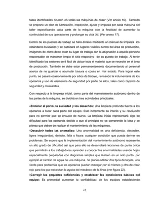 fallas identificadas ocurren en todas las máquinas de coser (Ver anexo 16). También
se propone un plan de lubricación, inspección, ajuste y limpieza por cada máquina del
taller especificando cada parte de la máquina con la finalidad de aumentar la
continuidad de sus operaciones y prolongar su vida útil. (Ver anexo 17).
Dentro de los puestos de trabajo se hará énfasis mediante un manual de limpieza los
estándares buscados y se publicará en lugares visibles dentro del área de producción,
imágenes de cómo debe estar su lugar de trabajo con la asignación a aquella persona
responsable de mantener limpio el sitio respectivo de su puesto de trabajo. Al tener
identificado los sectores será fácil de ubicar todo el material que se necesite en el área
de producción. También se debe estar permanentemente documentando al personal
acerca de no guardar o acumular basura o cosas en mal estado. Para lograr este
punto, se pasará ocasionalmente por sitios de trabajo, revisando la indumentaria de los
operarios y uso de elementos de seguridad por parte de ellos, tales como zapatos de
seguridad y mascarillas.
Con respecto a la limpieza inicial, como parte del mantenimiento autónomo dentro de
las partes de la máquina, se dividirá en tres actividades principales:
Eliminar el polvo, la suciedad y los desechos: Una limpieza profunda fuerza a los
operarios a tocar cada parte del equipo. Esto incrementa su interés y su resolución
para no permitir que se ensucie de nuevo. La limpieza inicial representará algo de
dificultad para los operarios debido a que al principio no se comprende la idea y se
piensa que deben de realizar el mantenimiento de las máquinas.
Descubrir todas las anomalías: Una anormalidad es una deficiencia, desorden,
ligera irregularidad, defecto, falla o fisura: cualquier condición que pueda derivar en
problemas. Se espera que la implementación del mantenimiento autónomo represente
un alto grado de dificultad así que para ello se desarrollará lecciones de punto único
que permitirán a los trabajadores aprender a conocer las anormalidades usando hojas
especialmente preparadas con diagramas simples que ilustren en un solo punto, por
ejemplo el cambio de aguja de una máquina. Se planea utilizar dos tipos de tarjeta, una
verde para problemas que los operarios puedan manejar por sí mismos y otra de color
rojo para los que necesitan la ayuda del mecánico de la línea (ver figura 22).
Corregir las pequeñas deficiencias y establecer las condiciones básicas del
equipo: Es primordial aumentar la confiabilidad de los equipos estableciendo

72

 