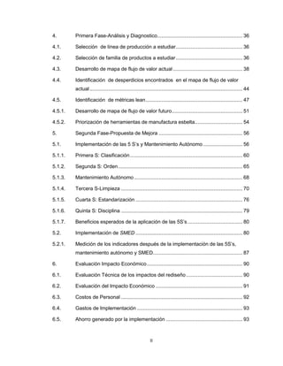 4.

Primera Fase-Análisis y Diagnostico........................................................... 36

4.1.

Selección de línea de producción a estudiar .............................................. 36

4.2.

Selección de familia de productos a estudiar .............................................. 36

4.3.

Desarrollo de mapa de flujo de valor actual ................................................ 38

4.4.

Identificación de desperdicios encontrados en el mapa de flujo de valor
actual .......................................................................................................... 44

4.5.

Identificación de métricas lean ................................................................... 47

4.5.1.

Desarrollo de mapa de flujo de valor futuro................................................. 51

4.5.2.

Priorización de herramientas de manufactura esbelta................................. 54

5.

Segunda Fase-Propuesta de Mejora .......................................................... 56

5.1.

Implementación de las 5 S’s y Mantenimiento Autónomo ........................... 56

5.1.1.

Primera S: Clasificación .............................................................................. 60

5.1.2.

Segunda S: Orden ...................................................................................... 65

5.1.3.

Mantenimiento Autónomo ........................................................................... 68

5.1.4.

Tercera S-Limpieza .................................................................................... 70

5.1.5.

Cuarta S: Estandarización .......................................................................... 76

5.1.6.

Quinta S: Disciplina .................................................................................... 79

5.1.7.

Beneficios esperados de la aplicación de las 5S’s ...................................... 80

5.2.

Implementación de SMED .......................................................................... 80

5.2.1.

Medición de los indicadores después de la implementación de las 5S’s,
mantenimiento autónomo y SMED.............................................................. 87

6.

Evaluación Impacto Económico .................................................................. 90

6.1.

Evaluación Técnica de los impactos del rediseño ....................................... 90

6.2.

Evaluación del Impacto Económico ............................................................ 91

6.3.

Costos de Personal .................................................................................... 92

6.4.

Gastos de Implementación ......................................................................... 93

6.5.

Ahorro generado por la implementación ..................................................... 93

II

 