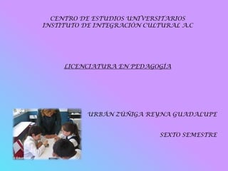 CENTRO DE ESTUDIOS UNIVERSITARIOS
INSTITUTO DE INTEGRACIÓN CULTURAL A.C




     LICENCIATURA EN PEDAGOGÍA




           URBÁN ZÚÑIGA REYNA GUADALUPE


                            SEXTO SEMESTRE
 