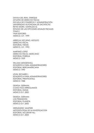 DAVILA DEL REAL, ENRIQUE
APUNTES DE DERECHO FISCAL
ESCUELA DE COMERCIO Y ADMINISTRACIÓN
UNIVERSIDAD AUTONOMA DE ZACATECAS
REYES MORA, OSWALDO G.
ESTUDIO DE LAS OPCIONES LEGALES FISCALES
TOMO I
TAXX EDITORES
MÉXICO, D.F. 1999

ARRIOJA VIZCAÍNO, ADOLFO
DERECHO FISCAL
EDITORIAL THEMIS
MÉXICO, D.F. 1993

MARTINEZ LOPEZ
DERECHO FISCAL MEXICANO
EDITORIAL PORRUA
MÉXICO 1959

WILLIAM MENDENHALL
ESTADÍSTICA PARA ADMINISTRADORES
EDITORIAL IBEROAMERICANA
MÉXICO 1990

LEVIN, RICHARD I.
ESTADISTICA PARA ADMINISTRADORES
EDITORIAL PRENTICEHALL
MÉXICO 1988

DEHESA, GERMAN
COMO NOS ARREGLAMOS
EDITORIAL DIANA
MÉXICO D.F. 2002

DEHESA, GERMAN
LOS PRISIDENTES
EDITORIAL PLANETA
MÉXICO D.F. 2002

HERNÁNDEZ, SAMPIERI
METODOLOGIA DE LA INVESTIGACION
EDITORIAL MCGRAW HILL
MÉXICO D.F. 2003
 