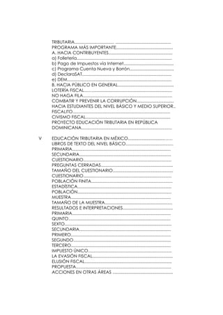 TRIBUTARIA.................................. ................................................
    PROGRAMA MÁS IMPORTANTE.................................................
    A. HACIA CONTRIBUYENTES.......................................................
    a) Folletería..................................................................................
    b) Pago de Impuestos vía Internet...........................................
    c) Programa Cuenta Nueva y Borrón......................................
    d) DeclaraSAT.............................................................................
    e) DEM..........................................................................................
    B. HACIA PÚBLICO EN GENERAL................................................
    LOTERÍA FISCAL....…....................................................................
    NO HAGA FILA..........................…...............................................
    COMBATIR Y PREVENIR LA CORRUPCIÓN................................
    HACIA ESTUDIANTES DEL NIVEL BÁSICO Y MEDIO SUPERIOR..
    FISCALITO....................................................................................
    CIVISMO FISCAL.........................................................................
    PROYECTO EDUCACIÓN TRIBUTARIA EN REPÚBLICA
    DOMINICANA..............................................................................

V   EDUCACIÓN TRIBUTARIA EN MÉXICO...............................……
    LIBROS DE TEXTO DEL NIVEL BÁSICO.........................................
    PRIMARIA.....................................................................................
    SECUNDARIA...............................................................................
    CUESTIONARIO............................................................................
    PREGUNTAS CERRADAS..............................................................
    TAMAÑO DEL CUESTIONARIO....................................................
    CUESTIONARIO............................................................................
    POBLACIÓN FINITA......................................................................
    ESTADÍSTICA.................................................................................
    POBLACIÓN.................................................................................
    MUESTRA......................................................................................
    TAMAÑO DE LA MUESTRA..........................................................
    RESULTADOS E INTERPRETACIONES...........................................
    PRIMARIA.....................................................................................
    QUINTO........................................................................................
    SEXTO............................................................................................
    SECUNDARIA...............................................................................
    PRIMERO......................................................................................
    SEGUNDO....................................................................................
    TERCERO......................................................................................
    IMPUESTO ÚNICO........................................................................
    LA EVASIÓN FISCAL.....................................................................
    ELUSIÓN FISCAL...........................................................................
    PROPUESTA..................................................................................
    ACCIONES EN OTRAS ÁREAS ....................................................
 