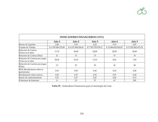 INDICADORES FINANCIEROS COTA
                                     Año 1                Año 2                Año 3                Año 4                 Año 5
Razón de Liquidez                      2,90                 3,25                 4,22                  5,19                  6,07
Capital de Trabajo              $ 1.378.508.272,89   $ 4.157.494.024,41   $ 7.795.759.978,17   $ 12.084.602.042,87   $ 17.022.842.475,76
Rotación de Cartera
                                      17,33                24,00                24,00                24,00                 24,00
(Veces en el año)
Rotación de Cartera (Días)             21                   15                   15                    15                    15
Rotación de Cuentas por pagar
                                      28,56                15,76                11,91                 8,56                  7,49
(Veces en el año)
Rotación de Cuentas por pagar
                                       13                   23                   30                    42                    48
(Días)
ROE (Rendimiento sobre el
                                      0,53                 0,58                 0,43                  0,34                  0,28
patrimonio)
Rendimiento sobre activos             0,26                 0,37                 0,32                  0,27                  0,24
Razón de endeudamiento                0,51                 0,37                 0,27                  0,20                  0,15
Cobertura de Intereses                 8                    23                   37                    67                   202

                                  Tabla 59 – Indicadores Financieros para el municipio de Cota.




                                                                   176
 