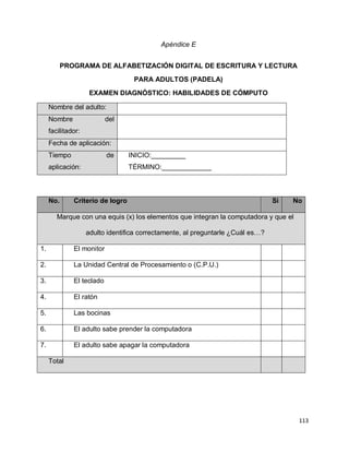 113
Apéndice E
PROGRAMA DE ALFABETIZACIÓN DIGITAL DE ESCRITURA Y LECTURA
PARA ADULTOS (PADELA)
EXAMEN DIAGNÓSTICO: HABILIDADES DE CÓMPUTO
Nombre del adulto:
Nombre del
facilitador:
Fecha de aplicación:
Tiempo de
aplicación:
INICIO:_________
TÉRMINO:_____________
No. Criterio de logro Si No
Marque con una equis (x) los elementos que integran la computadora y que el
adulto identifica correctamente, al preguntarle ¿Cuál es…?
1. El monitor
2. La Unidad Central de Procesamiento o (C.P.U.)
3. El teclado
4. El ratón
5. Las bocinas
6. El adulto sabe prender la computadora
7. El adulto sabe apagar la computadora
Total
 