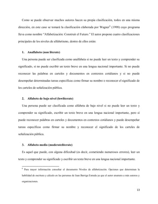 13
Como se puede observar muchos autores hacen su propia clasificación, todos en una misma
dirección, en este caso se tomará la clasificación elaborada por Wagner6
(1998) cuyo programa
lleva como nombre “Alfabetización: Construir el Futuro.” El autor propone cuatro clasificaciones
principales de los niveles de alfabetismo, dentro de ellos están:
1. Analfabeto (non literate)
Una persona puede ser clasificada como analfabeta si no puede leer un texto y comprender su
significado, si no puede escribir un texto breve en una lengua nacional importante. Si no puede
reconocer las palabras en carteles y documentos en contextos cotidianos y si no puede
desempeñar determinadas tareas específicas como firmar su nombre o reconocer el significado de
los carteles de señalización pública.
2. Alfabeto de bajo nivel (lowliterate)
Una persona puede ser clasificada como alfabeta de bajo nivel si no puede leer un texto y
comprender su significado, escribir un texto breve en una lengua nacional importante, pero sí
puede reconocer palabras en carteles y documentos en contextos cotidianos y puede desempeñar
tareas específicas como firmar su nombre y reconocer el significado de los carteles de
señalización pública.
3. Alfabeto medio (moderateliterate)
Es aquel que puede, con alguna dificultad (es decir, cometiendo numerosos errores), leer un
texto y comprender su significado y escribir un texto breve en una lengua nacional importante.
6
Para mayor información consultar el documento Niveles de alfabetización. Opciones que determinan la
habilidad de escritura y cálculo en las personas de Juan Barriga Estrada ya que el autor enumera a más autores y
organizaciones.
 