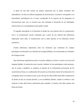 24
A partir de esta base teórica los autores mencionan que se deben considerar dos
antecedentes a la hora de elaborar programas de lectoescritura: el primero corresponde a los
antecedentes morfológicos (es el único considerado en la mayoría de los programas de
lectoescritura) estos son: la escritura que está inclinada al desarrollo de las habilidades
motoras finas y la correspondencia entre grafía- sonido.
El segundo antecedente es el funcional en donde hay una relación entre la comunicación
oral y la comunicación escrita, resaltando que a pesar de esa relación hay diferencias
importantes entre ellas, la comunicación oral se debe ejercitar en los diferentes niveles
sustitutivos.
Existen diferencias importantes entre los elementos que conforman los campos
psicológicos involucrados en el dominio de la lengua hablada y los involucrados en el dominio
de la lengua escrita.
Hay distinciones significativas entre el escucha- hablante y el lector- escritor; en el caso del
lenguaje hablado, la interacción entre escucha- hablante los dos participantes están presentes,
esto le ayuda a modificar su conducta en función de la estimulación proveniente de las
características físicas y/o conductuales del escucha en el momento mismo de la interacción. En
el lenguaje escrito el escucha no está, es por ello que los niños deben desarrollar competencias
en donde no hay un escucha presente y con un hablante distante, cuando se enfrente a esta
situación el niño debe buscar información para entender, el maestro solo debe aceptar esta
forma de lectura.
 