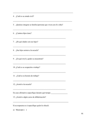 81
_________________________________________________________________
4. ¿Cuál es su estado civil?
________________________________________________________________
5. ¿Quiénes integran su familia (personas que viven con él o ella)?
________________________________________________________________
6. ¿Cuántos hijos tiene?
_________________________________________________________
7. ¿De qué edades son sus hijos?
_________________________________________________________
8. ¿Sus hijos asisten a la escuela?
_________________________________________________________
9. ¿En qué nivel y grado se encuentran?
_________________________________________________________
10. ¿Cuál es su ocupación o trabajo?
_________________________________________________________
11. ¿Cuál es su horario de trabajo?
_________________________________________________________
12. ¿Asistió a la escuela?
_________________________________________________________
En caso afirmativo especifique durante qué tiempo __________________
13. ¿Asistió a algún curso de alfabetización?
____________________________________________________________
Si su respuesta es sí especifique quién lo ofreció:
a) Municipio ( )
 