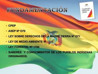 • CPEP 
• ASEP Nº O70 
• LEY SOBRE DERECHOS DE LA MADRE TIERRA Nº O71 
• LEY DE MEDIO AMBIENTE Nº 1333 
• LEY FORESTAL Nº 1700 
• SABERES Y CONOCIMIENTOS DE LOS PUEBLOS INDÍGENAS 
ORIGINARIOS. 
 