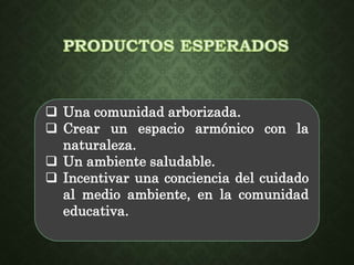  Una comunidad arborizada. 
 Crear un espacio armónico con la 
naturaleza. 
 Un ambiente saludable. 
 Incentivar una conciencia del cuidado 
al medio ambiente, en la comunidad 
educativa. 
 