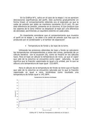 En la Gráfica N°1, salvo en el caso de la etapa 1 no se aprecian
desviaciones significativas del perfil, éste aumenta gradualmente en
forma lineal; el comportamiento obtenido era el esperado ya que la
caída de presión por plato se mantiene constante (0,15 psi). Es por
ésta diferencia de presión, presente en la columna, lo que produce que
los vapores de la zona inferior se desplacen al tope por una diferencia
de densidad, permitiendo un equilibrio distinto en cada plato.

         Es importante considerar que el comportamiento que muestra
el perfil en la etapa 1, se debe a la caída de presión que hay que es
producido por el condensador y el tambor de separación


                             •        Temperatura de fondo y de tope de la torre.

       Utilizando las presiones obtenidas de tope y fondo se calcularon
las temperaturas correspondientes a estas dos zonas, partiendo de un
cálculo iterativo con la ecuación [9], como se mostró en los cálculos
tipos. Para el tope se cálculo la temperatura de rocío, ya que el vapor
que sale de la columna se encuentra como vapor saturado, lo que
significa que la fracción vaporizada es igual a la unidad, por lo que se
obtuvo una temperatura de tope igual 123.66ºF.

     Para el cálculo de la temperatura de fondo se tiene que el líquido
que sale de la columna se encuentra saturado por lo que la fracción
vaporizada es igual a cero, teniéndose como resultado una
temperatura de fondo igual a 142.38ºF.
                                             Temperatura Vs Número de Etapas

                   138


                   136


                   134


                   132
    perature (F)




                   130


                   128
 Tem




                   126


                   124


                   122


                   120


                   118
                         1       11           21         31             41       51          61     71
                                                          Número de Etapas


                                       Gráfica N° 2: Perfil de Temperatura obtenido en el Caso I.
 