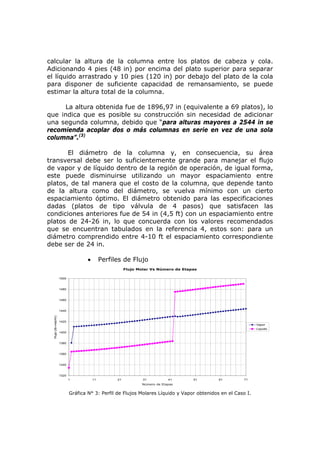 calcular la altura de la columna entre los platos de cabeza y cola.
Adicionando 4 pies (48 in) por encima del plato superior para separar
el líquido arrastrado y 10 pies (120 in) por debajo del plato de la cola
para disponer de suficiente capacidad de remansamiento, se puede
estimar la altura total de la columna.

     La altura obtenida fue de 1896,97 in (equivalente a 69 platos), lo
que indica que es posible su construcción sin necesidad de adicionar
una segunda columna, debido que “para alturas mayores a 2544 in se
recomienda acoplar dos o más columnas en serie en vez de una sola
columna”.(3)

       El diámetro de la columna y, en consecuencia, su área
transversal debe ser lo suficientemente grande para manejar el flujo
de vapor y de líquido dentro de la región de operación, de igual forma,
este puede disminuirse utilizando un mayor espaciamiento entre
platos, de tal manera que el costo de la columna, que depende tanto
de la altura como del diámetro, se vuelva mínimo con un cierto
espaciamiento óptimo. El diámetro obtenido para las especificaciones
dadas (platos de tipo válvula de 4 pasos) que satisfacen las
condiciones anteriores fue de 54 in (4,5 ft) con un espaciamiento entre
platos de 24-26 in, lo que concuerda con los valores recomendados
que se encuentran tabulados en la referencia 4, estos son: para un
diámetro comprendido entre 4-10 ft el espaciamiento correspondiente
debe ser de 24 in.

                                     •        Perfiles de Flujo
                                                         Flujo Molar Vs Número de Etapas

                      1500


                      1480


                      1460


                      1440
             ol/hr)




                      1420
  Flujo (lb-m




                                                                                                              Vapor
                                                                                                              Liquido
                      1400


                      1380


                      1360


                      1340


                      1320
                             1           11         21           31           41      51     61         71
                                                                 Número de Etapas


                             Gráfica N° 3: Perfil de Flujos Molares Líquido y Vapor obtenidos en el Caso I.
 
