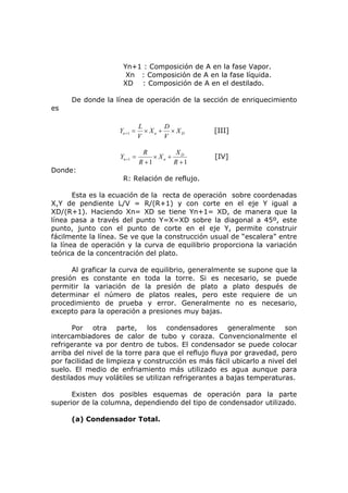 Yn+1 : Composición de A en la fase Vapor.
                      Xn : Composición de A en la fase líquida.
                     XD : Composición de A en el destilado.

      De donde la línea de operación de la sección de enriquecimiento
es

                              L       D
                    Yn +1 =     × Xn + × XD      [III]
                              V       V

                               R          X
                    Yn +1 =        × Xn + D      [IV]
                              R +1       R +1
Donde:
                     R: Relación de reflujo.

       Esta es la ecuación de la recta de operación sobre coordenadas
X,Y de pendiente L/V = R/(R+1) y con corte en el eje Y igual a
XD/(R+1). Haciendo Xn= XD se tiene Yn+1= XD, de manera que la
línea pasa a través del punto Y=X=XD sobre la diagonal a 45º, este
punto, junto con el punto de corte en el eje Y, permite construir
fácilmente la línea. Se ve que la construcción usual de “escalera” entre
la línea de operación y la curva de equilibrio proporciona la variación
teórica de la concentración del plato.

      Al graficar la curva de equilibrio, generalmente se supone que la
presión es constante en toda la torre. Si es necesario, se puede
permitir la variación de la presión de plato a plato después de
determinar el número de platos reales, pero este requiere de un
procedimiento de prueba y error. Generalmente no es necesario,
excepto para la operación a presiones muy bajas.

       Por otra parte, los condensadores generalmente son
intercambiadores de calor de tubo y coraza. Convencionalmente el
refrigerante va por dentro de tubos. El condensador se puede colocar
arriba del nivel de la torre para que el reflujo fluya por gravedad, pero
por facilidad de limpieza y construcción es más fácil ubicarlo a nivel del
suelo. El medio de enfriamiento más utilizado es agua aunque para
destilados muy volátiles se utilizan refrigerantes a bajas temperaturas.

      Existen dos posibles esquemas de operación para la parte
superior de la columna, dependiendo del tipo de condensador utilizado.

      (a) Condensador Total.
 
