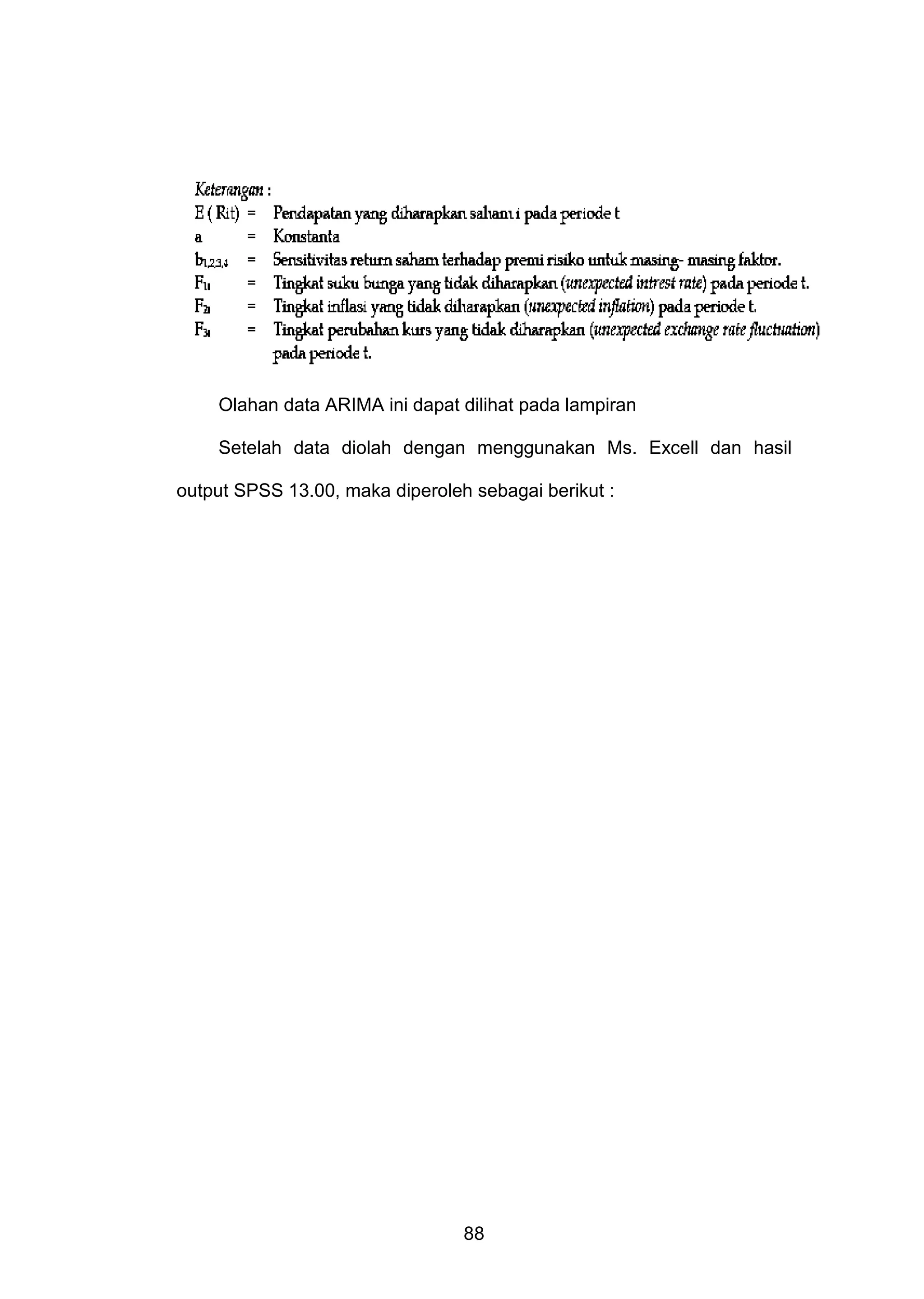 Olahan data ARIMA ini dapat dilihat pada lampiran
Setelah data diolah dengan menggunakan Ms. Excell dan hasil
output SPSS 13.00, maka diperoleh sebagai berikut :

88

 