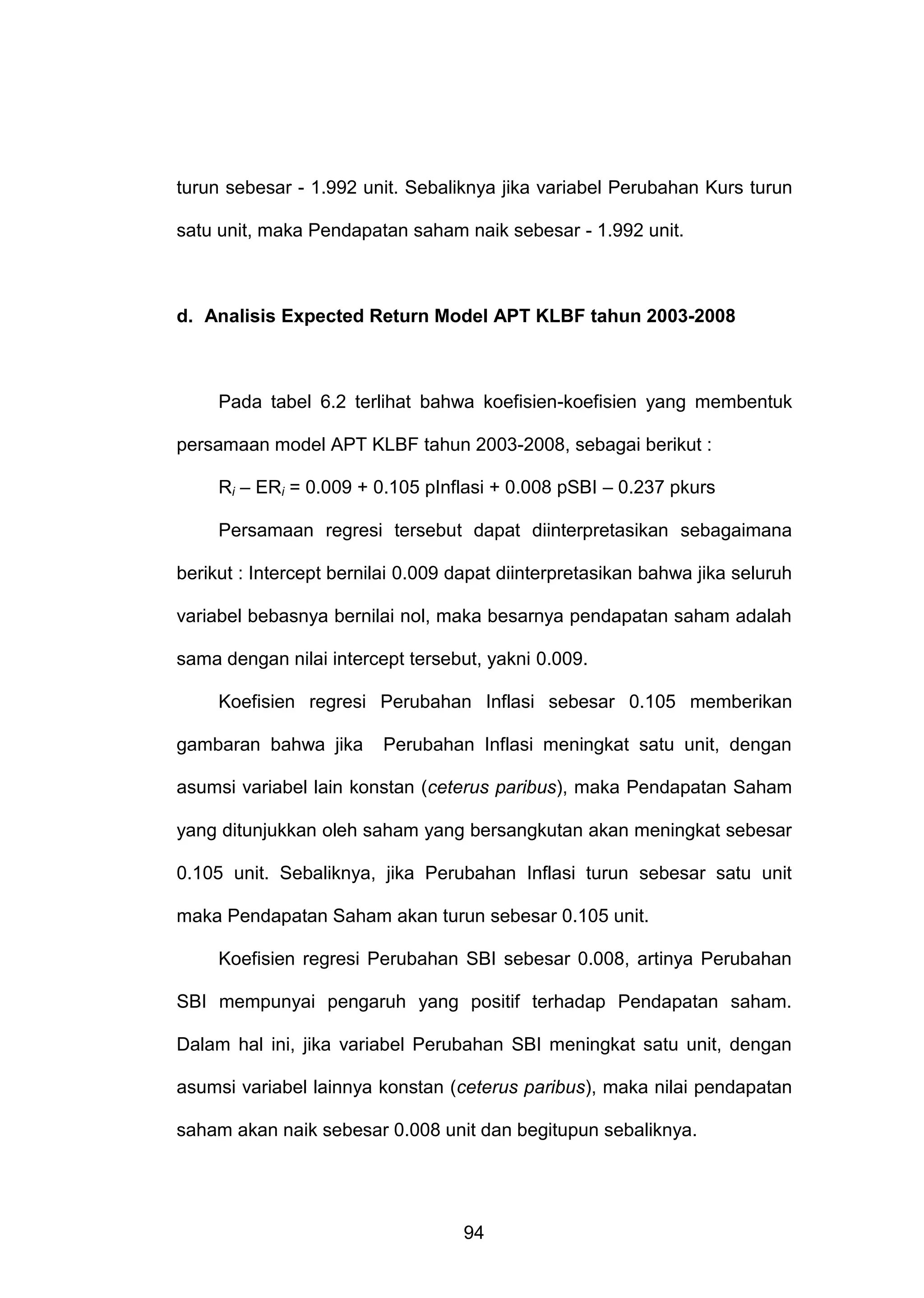 turun sebesar - 1.992 unit. Sebaliknya jika variabel Perubahan Kurs turun
satu unit, maka Pendapatan saham naik sebesar - 1.992 unit.

d. Analisis Expected Return Model APT KLBF tahun 2003-2008

Pada tabel 6.2 terlihat bahwa koefisien-koefisien yang membentuk
persamaan model APT KLBF tahun 2003-2008, sebagai berikut :
Ri – ERi = 0.009 + 0.105 pInflasi + 0.008 pSBI – 0.237 pkurs
Persamaan regresi tersebut dapat diinterpretasikan sebagaimana
berikut : Intercept bernilai 0.009 dapat diinterpretasikan bahwa jika seluruh
variabel bebasnya bernilai nol, maka besarnya pendapatan saham adalah
sama dengan nilai intercept tersebut, yakni 0.009.
Koefisien regresi Perubahan Inflasi sebesar 0.105 memberikan
gambaran bahwa jika

Perubahan Inflasi meningkat satu unit, dengan

asumsi variabel lain konstan (ceterus paribus), maka Pendapatan Saham
yang ditunjukkan oleh saham yang bersangkutan akan meningkat sebesar
0.105 unit. Sebaliknya, jika Perubahan Inflasi turun sebesar satu unit
maka Pendapatan Saham akan turun sebesar 0.105 unit.
Koefisien regresi Perubahan SBI sebesar 0.008, artinya Perubahan
SBI mempunyai pengaruh yang positif terhadap Pendapatan saham.
Dalam hal ini, jika variabel Perubahan SBI meningkat satu unit, dengan
asumsi variabel lainnya konstan (ceterus paribus), maka nilai pendapatan
saham akan naik sebesar 0.008 unit dan begitupun sebaliknya.

94

 