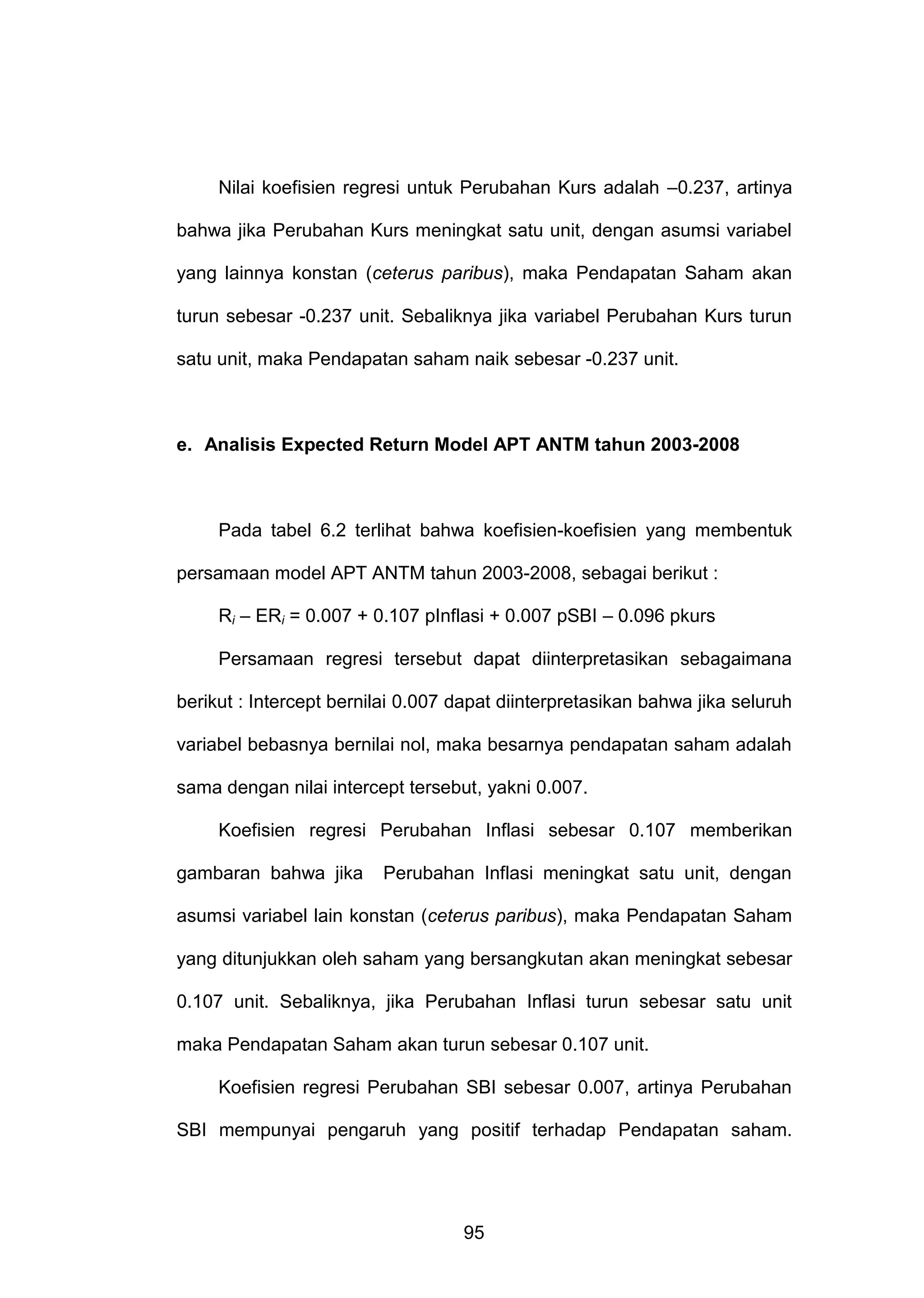 Nilai koefisien regresi untuk Perubahan Kurs adalah –0.237, artinya
bahwa jika Perubahan Kurs meningkat satu unit, dengan asumsi variabel
yang lainnya konstan (ceterus paribus), maka Pendapatan Saham akan
turun sebesar -0.237 unit. Sebaliknya jika variabel Perubahan Kurs turun
satu unit, maka Pendapatan saham naik sebesar -0.237 unit.

e. Analisis Expected Return Model APT ANTM tahun 2003-2008

Pada tabel 6.2 terlihat bahwa koefisien-koefisien yang membentuk
persamaan model APT ANTM tahun 2003-2008, sebagai berikut :
Ri – ERi = 0.007 + 0.107 pInflasi + 0.007 pSBI – 0.096 pkurs
Persamaan regresi tersebut dapat diinterpretasikan sebagaimana
berikut : Intercept bernilai 0.007 dapat diinterpretasikan bahwa jika seluruh
variabel bebasnya bernilai nol, maka besarnya pendapatan saham adalah
sama dengan nilai intercept tersebut, yakni 0.007.
Koefisien regresi Perubahan Inflasi sebesar 0.107 memberikan
gambaran bahwa jika

Perubahan Inflasi meningkat satu unit, dengan

asumsi variabel lain konstan (ceterus paribus), maka Pendapatan Saham
yang ditunjukkan oleh saham yang bersangkutan akan meningkat sebesar
0.107 unit. Sebaliknya, jika Perubahan Inflasi turun sebesar satu unit
maka Pendapatan Saham akan turun sebesar 0.107 unit.
Koefisien regresi Perubahan SBI sebesar 0.007, artinya Perubahan
SBI mempunyai pengaruh yang positif terhadap Pendapatan saham.

95

 