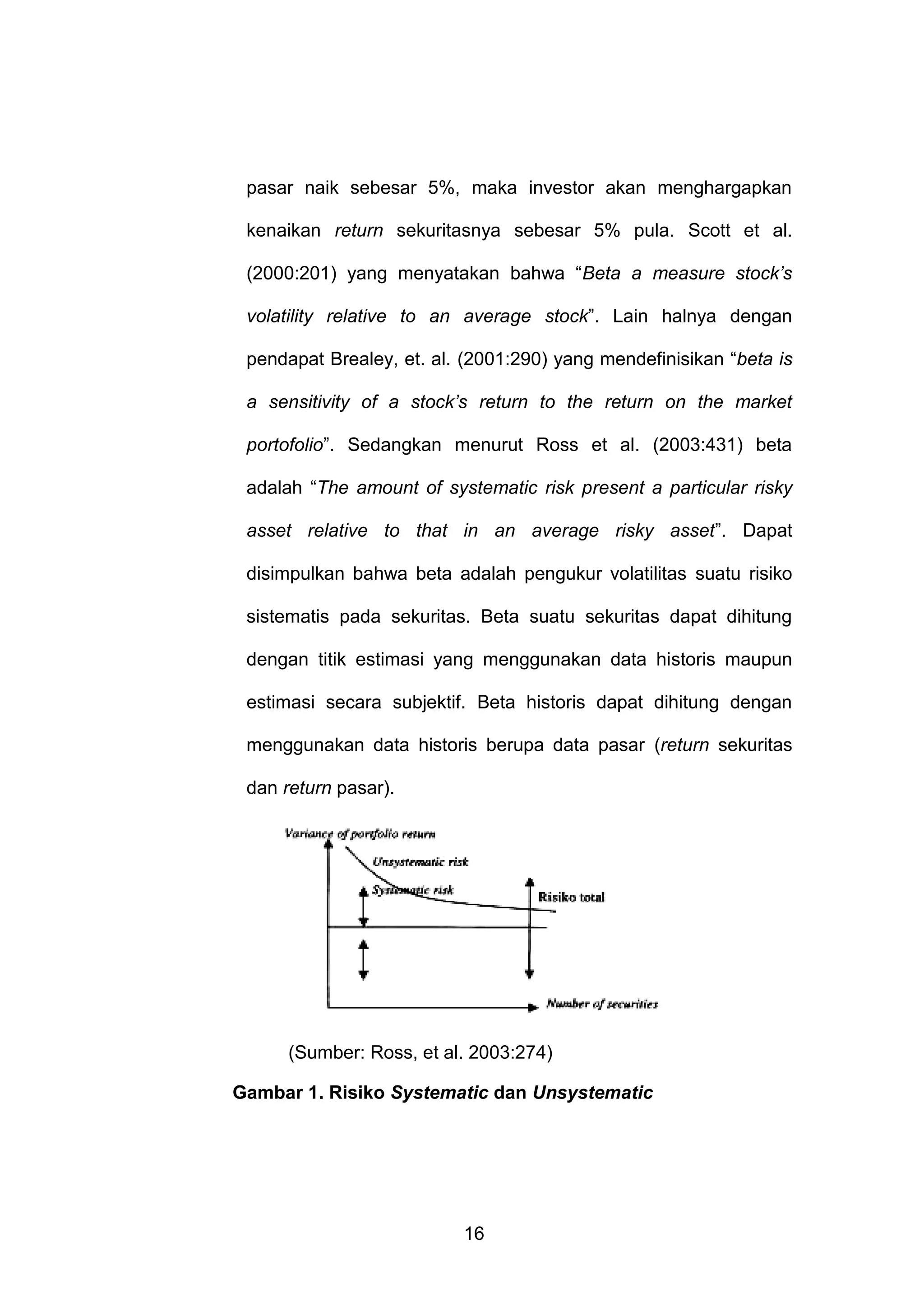pasar naik sebesar 5%, maka investor akan menghargapkan
kenaikan return sekuritasnya sebesar 5% pula. Scott et al.
(2000:201) yang menyatakan bahwa “Beta a measure stock’s
volatility relative to an average stock”. Lain halnya dengan
pendapat Brealey, et. al. (2001:290) yang mendefinisikan “beta is
a sensitivity of a stock’s return to the return on the market
portofolio”. Sedangkan menurut Ross et al. (2003:431) beta
adalah “The amount of systematic risk present a particular risky
asset relative to that in an average risky asset”. Dapat
disimpulkan bahwa beta adalah pengukur volatilitas suatu risiko
sistematis pada sekuritas. Beta suatu sekuritas dapat dihitung
dengan titik estimasi yang menggunakan data historis maupun
estimasi secara subjektif. Beta historis dapat dihitung dengan
menggunakan data historis berupa data pasar (return sekuritas
dan return pasar).

(Sumber: Ross, et al. 2003:274)
Gambar 1. Risiko Systematic dan Unsystematic

16

 