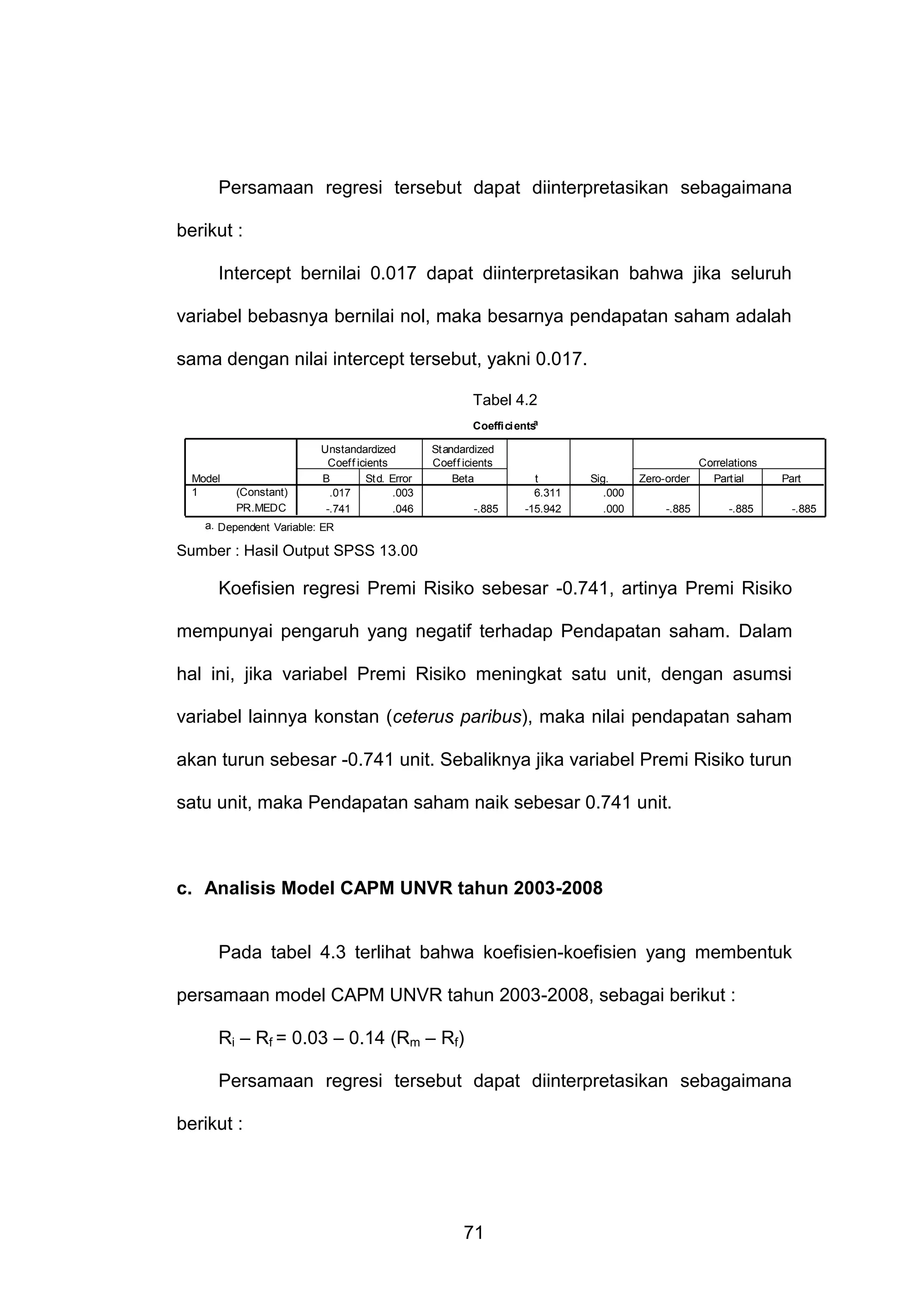 Persamaan regresi tersebut dapat diinterpretasikan sebagaimana
berikut :
Intercept bernilai 0.017 dapat diinterpretasikan bahwa jika seluruh
variabel bebasnya bernilai nol, maka besarnya pendapatan saham adalah
sama dengan nilai intercept tersebut, yakni 0.017.
Tabel 4.2
a
Coeffi ci ents

Model
1

(Constant)
PR.MEDC

Unstandardized
Coef f icients
B
St d. Error
.017
.003
-.741
.046

St andardized
Coef f icients
Beta
-.885

t
6.311
-15.942

Sig.
.000
.000

Zero-order
-.885

Correlations
Part ial

Part

-.885

-.885

a. Dependent Variable: ER

Sumber : Hasil Output SPSS 13.00

Koefisien regresi Premi Risiko sebesar -0.741, artinya Premi Risiko
mempunyai pengaruh yang negatif terhadap Pendapatan saham. Dalam
hal ini, jika variabel Premi Risiko meningkat satu unit, dengan asumsi
variabel lainnya konstan (ceterus paribus), maka nilai pendapatan saham
akan turun sebesar -0.741 unit. Sebaliknya jika variabel Premi Risiko turun
satu unit, maka Pendapatan saham naik sebesar 0.741 unit.

c. Analisis Model CAPM UNVR tahun 2003-2008

Pada tabel 4.3 terlihat bahwa koefisien-koefisien yang membentuk
persamaan model CAPM UNVR tahun 2003-2008, sebagai berikut :
Ri – Rf = 0.03 – 0.14 (Rm – Rf)
Persamaan regresi tersebut dapat diinterpretasikan sebagaimana
berikut :

71

 
