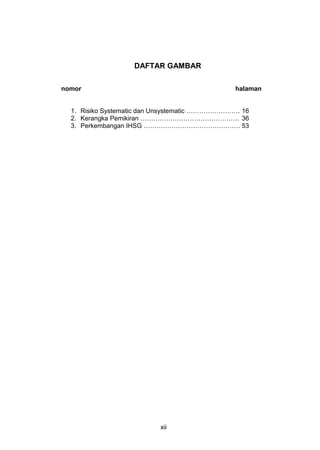 DAFTAR GAMBAR
nomor

halaman

1. Risiko Systematic dan Unsystematic ……………………. 16
2. Kerangka Pemikiran ………………………………………. 36
3. Perkembangan IHSG ……………………………………… 53

xii

 