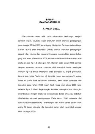 BAB IV
GAMBARAN UMUM
A. PASAR MODAL

Pertumbuhan bursa efek pada tahun-tahun berikutnya menjadi
semakin cepat, terutama sejak dilakukan sistim otomasi perdagangan
pada tanggal 25 Mei 1995 seperti yang dikutip dari Panduan Indeks Harga
Saham Bursa Efek Indonesia (2008), semua indikator perdagangan
seperti nilai, volume dan frekuensi transaksi menunjukkan pertumbuhan
yang luar biasa. Pada tahun 2007, rata-rata nilai transaksi telah mencapai
angka di atas Rp 4,3 triliun per hari. Bahkan pada tahun 2008, sampai
dengan semester pertama, rata-rata nilai transaksi harian meningkat
menjadi Rp 5,6 triliun. Meskipun pada Semester II, terjadi penurunan
karena ada krisis “subprime” di Amerika yang mempengaruhi semua
bursa di dunia tidak terkecuali Indonesia, akan tetapi rata-rata nilai
transaksi pada tahun 2008 masih lebih tinggi dari tahun 2007 yaitu
sebesar Rp 4,5 triliun. Angka-angka tersebut meningkat luar biasa jika
dibandingkan dengan awal-awal swastanisasi bursa efek atau sebelum
diberlakukan otomasi perdagangan. Pada tahun 1994, rata-rata nilai
transaksi hanya sebesar Rp 104 miliar per hari. Hal ini berarti dalam kurun
waktu 14 tahun rata-rata nilai transaksi harian telah meningkat sebesar
lebih kurang 4.000%.

51

 