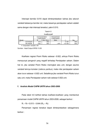 Intercept bernilai 0.010 dapat diinterpretasikan bahwa jika seluruh
variabel bebasnya bernilai nol, maka besarnya pendapatan saham adalah
sama dengan nilai intercept tersebut, yakni 0.010.
Tabel 4.5
a
Coeffi ci ents

Model
1

(Constant)
PR.ANTM

Unstandardized
Coef f icients
B
St d. Error
.010
.002
-.922
.062

St andardized
Coef f icients
Beta
-.870

t
4.184
-14.749

Sig.
.000
.000

a. Dependent Variable: ER

Sumber : Hasil Output SPSS 13.00

Koefisien regresi Premi Risiko sebesar -0.922, artinya Premi Risiko
mempunyai pengaruh yang negatif terhadap Pendapatan saham. Dalam
hal ini, jika variabel Premi Risiko meningkat satu unit, dengan asumsi
variabel lainnya konstan (ceterus paribus), maka nilai pendapatan saham
akan turun sebesar -0.922 unit. Sebaliknya jika variabel Premi Risiko turun
satu unit, maka Pendapatan saham naik sebesar 0.922 unit.

f. Analisis Model CAPM UNTR tahun 2003-2008

Pada tabel 4.6 terlihat bahwa koefisien-koefisien yang membentuk
persamaan model CAPM UNTR tahun 2003-2008, sebagai berikut :
Ri – Rf = 0.013 – 0.644 (Rm – Rf)
Persamaan regresi tersebut dapat diinterpretasikan sebagaimana
berikut :

74

 