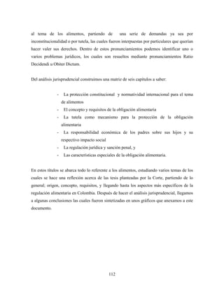 al tema de los alimentos, partiendo de una serie de demandas ya sea por
inconstitucionalidad o por tutela, las cuales fueron interpuestas por particulares que querían
hacer valer sus derechos. Dentro de estos pronunciamientos podemos identificar uno o
varios problemas jurídicos, los cuales son resueltos mediante pronunciamientos Ratio
Decidendi u Obiter Dictum.
Del análisis jurisprudencial construimos una matriz de seis capítulos a saber:
- La protección constitucional y normatividad internacional para el tema
de alimentos
- El concepto y requisitos de la obligación alimentaria
- La tutela como mecanismo para la protección de la obligación
alimentaria
- La responsabilidad económica de los padres sobre sus hijos y su
respectivo impacto social
- La regulación jurídica y sanción penal, y
- Las características especiales de la obligación alimentaria.
En estos títulos se abarca todo lo referente a los alimentos, estudiando varios temas de los
cuales se hace una reflexión acerca de las tesis planteadas por la Corte, partiendo de lo
general; origen, concepto, requisitos, y llegando hasta los aspectos más específicos de la
regulación alimentaria en Colombia. Después de hacer el análisis jurisprudencial, llegamos
a algunas conclusiones las cuales fueron sintetizadas en unos gráficos que anexamos a este
documento.
112
 