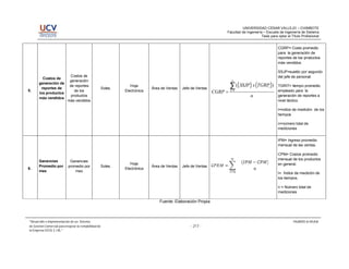 UNIVERSIDAD CÉSAR VALLEJO – CHIMBOTE
                                                                                                                     Facultad de Ingeniería – Escuela de Ingeniería de Sistema
                                                                                                                                           Tesis para optar el Título Profesional


                                                                                                                                                      CGRP= Costo promedio
                                                                                                                                                      para la generación de
                                                                                                                                                      reportes de los productos
                                                                                                                                                      más vendidos.

                                                                                                                                                      SSJP=sueldo por segundo
                      Costos de                                                                                                                       del jefe de personal.
         Costos de
                      generación                                                                                          n
       generación de
        reportes de
                      de reportes
                                                       Soles.
                                                                   Hoja
                                                                              Área de Ventas   Jefe de Ventas            ∑ (( SSJP )x (TGRP ))  i     TGRIT= tiempo promedio
5.
       los productos
                         de los                                 Electrónica                                     CGRP =   i =1                         empleado para la
       más vendidos
                       productos                                                                                                    n                 generación de reportes a
                     más vendidos                                                                                                                     nivel táctico.

                                                                                                                                                      i=índice de medición de los
                                                                                                                                                      tiempos

                                                                                                                                                      n=número total de
                                                                                                                                                      mediciones


                                                                                                                                                      IPM= Ingreso promedio
                                                                                                                                                      mensual de las ventas.

                                                                                                                                                      CPM= Costos promedio
                                                                                                                                                      mensual de los productos
       Ganancias             Ganancias
                                                                   Hoja                                                                               en general.
       Promedio por         promedio por               Soles.                 Área de Ventas   Jefe de Ventas
6.                                                              Electrónica
       mes                      mes
                                                                                                                                                      I= Índice de medición de
                                                                                                                                                      los tiempos.

                                                                                                                                                      n = Número total de
                                                                                                                                                      mediciones

                                                                                  Fuente: Elaboración Propia



 Desarrollo e Implementación de un Sistema                                                                                                                      FAJARDO & MUGA
de Gestión Comercial para mejorar la rentabilidad de                                               - 217 -
la Empresa EICOL E.I.RL.
 