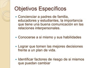 Objetivos Específicos
   Concienciar a padres de familia,
    educadores y estudiantes, la importancia
    que tiene una buena comunicación en las
    relaciones interpersonales.

   Conocerse a si mismo y sus habilidades

   Lograr que tomen las mejores decisiones
    frente a un plan de vida.

   Identificar factores de riesgo de si mismos
    que puedan cambiar
 