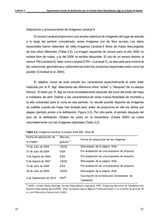 Seguimiento remoto de defoliación por el minador foliar Rhynchaenus fagi en el Norte de España
Capítulo 3
72
72
72
72
Fecha de adquisición de
la imagen
Recurso
gratuito
a
Forma de adquisición de las imágenes
13 de Julio de 2003
31 de Julio de 2004
USGS
ESA
Descargado de la página Web
Por aceptación de una propuesta de proyecto
3 de Agosto de 2005 ESA Por aceptación de una propuesta de proyecto
9 de Agosto de 2007
10 de Julio de 2008
USGS
ESA
Descargado de la página Web
Por aceptación de una propuesta de proyecto
29 de Julio de 2009 USGS Descargado de la página Web
2 de Septiembre de 2010 PNT*
Suscripción de la Institución (Universidad de
Adquisición y procesamiento de imágenes Landsat-5
El sensorLandsat proporcionó una amplia cobertura de imágenes del lugar de estudio
a lo largo del período considerado, estas imágenes son de libre acceso. Los datos
espectrales fueron obtenidos de siete imágenes Landsat-5 libres de nubes descargados
de tres sitios diferentes (Tabla 3.2). La imagen requerida de verano para el año 2002 no
estaba libre de nubes, y la del 2006 no estaba disponible. El uso de un sensor distinto al
sensor TM (Landsat-5), tales como Landsat ETM + (Landsat-7), se descartó para minimizar
las variaciones geométricas y radiométricas entre los productos espectrales tanto como fue
posible (Cristóbal et al. 2004).
El objetivo inicial de este estudio fue caracterizar espectralmente el daño foliar
realizado por el R. fagi, detectando las diferencia entre "antes" y "después" de su ataque
folívoro. El daño por R. fagi se inicia inmediatamente después del inicio del brote del haya
a mediados de abril. Debido a las característica de estas masas forestales de montaña y
la alta nubosidad para la zona en ese periodo, no resultó posible disponer de imágenes
de satélite cuando las hojas han brotado pero antes de producirse en ella los daños por
plagas (período previo a la defoliación, Figura 3.2). Por otra parte, el período después del
pico de la defoliación (finales de junio) en la bioventana (Ciesla 2000) se cubre
razonablemente con las imágenes obtenidas (Tabla 3.2).
Tabla 3.2. ImágenesLandsat-5usadas, Path202 - Row 30
Valladolid)
a
USGS= United States Geology Survey (http://glovis.usgs.gov); PNT= Programa Nacional de Teledetección,
España (http://www.ign.es/PNT); ESA= European Space Agency.* Remuestreado a un tamaño de grid de 30
m, con Esferoide y Datum de la USGS.
 