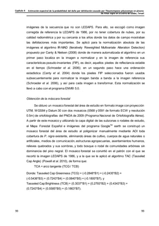Estimación espectral de la probabilidad del daño por defoliación causado por Thaumetopoea pityocampa en pinares
de Pinus nigra en la Sierra de Gúdar, Teruel
Capítulo 4
99
99
99
99
imágenes de la secuencia que no son LEDAPS. Para ello, se escogió como imagen
corregida de referencia la LEDAPS de 1986, por no tener cobertura de nubes, por su
calidad radiométrica y por su cercanía a los años donde los datos de campo mostraban
las defoliaciones más importantes. Se aplicó para la normalización absoluta de las
imágenes el algoritmo IR-MAD (Iteratively Reweighted Multivariate Alteration Detection)
propuesto por Canty & Nielsen (2008) donde de manera automatizada el algoritmo en un
primer paso localiza en la imagen a normalizar y en la imagen de referencia sus
características pseudo-invariantes (FIP), es decir, aquellos píxeles de reflectancia estable
en el tiempo (Schroeder et al. 2006); en un segundo paso hace una ordenación
estadística (Canty et al. 2004) donde los pixeles FIP seleccionados fueron usados
subsecuentemente para normalizar la imagen banda a banda a la imagen referencia
(Schroeder et al. 2006), y así para cada imagen a transformar. Esta normalización se
llevó a cabo con el programa ENVI® 5.0.
Obtención de la máscara forestal
Se obtuvo un mosaico forestal del área de estudio en formato image con proyección
UTM, WGS84 y Datum 30 con dos mosaicos (0568 y 0591 de formato ECW y resolución
0.5m) de ortofotografías del PNOA de 2009 (Programa Nacional de Ortofotografía Aérea).
A partir de este mosaico y utilizando la capa digital de las subzonas o rodales de estudio,
el Mapa Forestal Español e imágenes del programa GoogleTM
earth se construyó un
mosaico forestal del área de estudio al poligonizar manualmente mediante AOI toda
cobertura de P. nigra existente, eliminando áreas de cultivo, cuerpos de agua naturales o
artificiales, medios de comunicación, estructuras agropecuarias, asentamientos humanos,
relieves quebrados y sus sombras, y todo bosque o rodal de comunidades arbóreas sin
dominancia del pino negral. El mosaico forestal se convirtió en el patrón con el que se
recortó la imagen LEDAPS de 1986, y a la que se le aplicó el algoritmo TAC (Tasseled
Cap Angle) (Powell et al. 2010), de forma que:
TCA = arco tangente (TCG / TCB)
Donde: Tasseled Cap Greenness (TCG) = (-0.2848*B1) + (-0.2435*B2) +
(-0.5436*B3) + (0.7243*B4) + (0.0840*B5) + (-0.1800*B7), y
Tasseled Cap Brightness (TCB) = (0.3037*B1) + (0.2793*B2) + (0.4343*B3) +
(0.7243*B4) + (0.5585*B5) + (0.1863*B7).
 