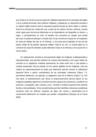 Introducción
Capítulo 1
11
11
11
11
que incide en él, de forma que la proporción reflejada dependerá de la naturaleza del objeto
o de la cubierta iluminada; esta radiación reflejada y captada por un dispositivo sensible a
su registro digital (sensor) será la respuesta espectral propia de dicho objeto o cubierta.
Este es el principio por medio del cual, a partir de los colores, formas y texturas, nuestra
visión opera para discriminar diferencias en la interpretación de fotografías en blanco y
negro, y principalmente en color. El desafío ese encuentra en aquello que cambia
pero que no podemos distinguir a simple vista. El ojo humano es incapaz de ver longitudes
de onda por debajo del rojo, en el infrarrojo, y son justo esas longitudes en las que las
partes verdes de las plantas vigorosas reflejan mejor la luz. Así, un cambio ligero en la
condición de salud del arbolado puede detectase mejor en el infrarrojo con la ayuda de un
sensor óptico.
Es relativamente reciente el procesamiento digital de imágenes multiespectrales e
hiperespectrales, que permiten detectar de manera automatizada y con mayor nitidez los
cambios en la vegetación mediante operaciones de realce entre dos o más bandas o
canales espectrales. Esto es posible con los valores digitales de las imágenes, más una
cadena de preprocesamiento de éstas que finalmente permite conocer la reflectancia
espectral (firma o patrón característico) de las principales coberturas (Figura 1.1),
permitiendo diferenciar, por ejemplo, la vegetación sana de la enferma (Figura 1.2). Por
otra parte, la estandarización que ofrece el preprocesamiento permite aplicar en las
imágenes satelitales algoritmos y transformaciones capaces de caracterizar,cuantificarcon
precisión y cartografiar, tales cambios, como también el análisis espectral entre distintas
fuentes y temporalidades. Otros procedimientos permiten identificar relaciones estadísticas
empíricas entre los distintos conjuntos de datos (de campo y espectrales) con la
consecuente elaboración de modelos que pueden cartografiarse (Vázquez de la Cueva
2005).
 