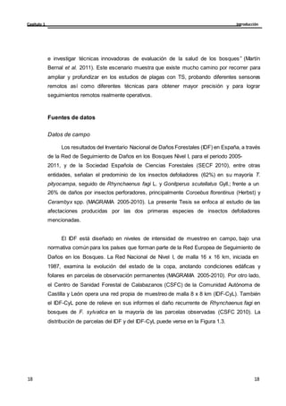 Introducción
Capítulo 1
18
18
18
18
e investigar técnicas innovadoras de evaluación de la salud de los bosques” (Martín
Bernal et al. 2011). Este escenario muestra que existe mucho camino por recorrer para
ampliar y profundizar en los estudios de plagas con TS, probando diferentes sensores
remotos así como diferentes técnicas para obtener mayor precisión y para lograr
seguimientos remotos realmente operativos.
Fuentes de datos
Datos de campo
Los resultados del Inventario Nacional de Daños Forestales (IDF) en España, a través
de la Red de Seguimiento de Daños en los Bosques Nivel I, para el periodo 2005-
2011, y de la Sociedad Española de Ciencias Forestales (SECF 2010), entre otras
entidades, señalan el predominio de los insectos defoliadores (62%) en su mayoría T.
pityocampa, seguido de Rhynchaenus fagi L. y Gonitperus scutellatus Gyll.; frente a un
26% de daños por insectos perforadores, principalmente Coroebus florentinus (Herbst) y
Cerambyx spp. (MAGRAMA 2005-2010). La presente Tesis se enfoca al estudio de las
afectaciones producidas por las dos primeras especies de insectos defoliadores
mencionadas.
El IDF está diseñado en niveles de intensidad de muestreo en campo, bajo una
normativa común para los países que forman parte de la Red Europea de Seguimiento de
Daños en los Bosques. La Red Nacional de Nivel I, de malla 16 x 16 km, iniciada en
1987, examina la evolución del estado de la copa, anotando condiciones edáficas y
foliares en parcelas de observación permanentes (MAGRAMA 2005-2010). Por otro lado,
el Centro de Sanidad Forestal de Calabazanos (CSFC) de la Comunidad Autónoma de
Castilla y León opera una red propia de muestreo de malla 8 x 8 km (IDF-CyL). También
el IDF-CyL pone de relieve en sus informes el daño recurrente de Rhynchaenus fagi en
bosques de F. sylvatica en la mayoría de las parcelas observadas (CSFC 2010). La
distribución de parcelas del IDF y del IDF-CyL puede verse en la Figura 1.3.
 