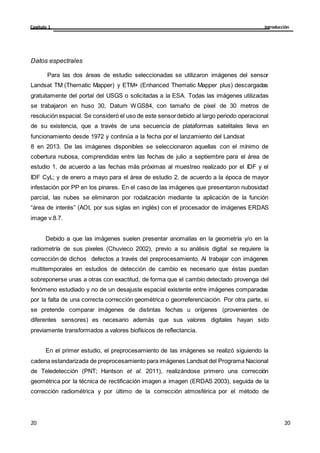 Introducción
Capítulo 1
20
20
20
20
Datos espectrales
Para las dos áreas de estudio seleccionadas se utilizaron imágenes del sensor
Landsat TM (Thematic Mapper) y ETM+ (Enhanced Thematic Mapper plus) descargadas
gratuitamente del portal del USGS o solicitadas a la ESA. Todas las imágenes utilizadas
se trabajaron en huso 30, Datum WGS84, con tamaño de píxel de 30 metros de
resolución espacial. Se consideró el uso de este sensordebido al largo periodo operacional
de su existencia, que a través de una secuencia de plataformas satelitales lleva en
funcionamiento desde 1972 y continúa a la fecha por el lanzamiento del Landsat
8 en 2013. De las imágenes disponibles se seleccionaron aquellas con el mínimo de
cobertura nubosa, comprendidas entre las fechas de julio a septiembre para el área de
estudio 1, de acuerdo a las fechas más próximas al muestreo realizado por el IDF y el
IDF CyL; y de enero a mayo para el área de estudio 2, de acuerdo a la época de mayor
infestación por PP en los pinares. En el caso de las imágenes que presentaron nubosidad
parcial, las nubes se eliminaron por rodalización mediante la aplicación de la función
“área de interés” (AOI, por sus siglas en inglés) con el procesador de imágenes ERDAS
image v.8.7.
Debido a que las imágenes suelen presentar anomalías en la geometría y/o en la
radiometría de sus pixeles (Chuvieco 2002), previo a su análisis digital se requiere la
corrección de dichos defectos a través del preprocesamiento. Al trabajar con imágenes
multitemporales en estudios de detección de cambio es necesario que éstas puedan
sobreponerse unas a otras con exactitud, de forma que el cambio detectado provenga del
fenómeno estudiado y no de un desajuste espacial existente entre imágenes comparadas
por la falta de una correcta corrección geométrica o georreferenciación. Por otra parte, si
se pretende comparar imágenes de distintas fechas u orígenes (provenientes de
diferentes sensores) es necesario además que sus valores digitales hayan sido
previamente transformados a valores biofísicos de reflectancia.
En el primer estudio, el preprocesamiento de las imágenes se realizó siguiendo la
cadena estandarizada de preprocesamiento para imágenes Landsat del Programa Nacional
de Teledetección (PNT; Hantson et al. 2011), realizándose primero una corrección
geométrica por la técnica de rectificación imagen a imagen (ERDAS 2003), seguida de la
corrección radiométrica y por último de la corrección atmosférica por el método de
 