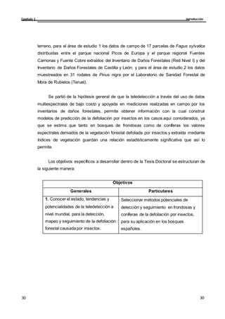 Introducción
Capítulo 1
30
30
30
30
terreno, para el área de estudio 1 los datos de campo de 17 parcelas de Fagus sylvatica
distribuidas entre el parque nacional Picos de Europa y el parque regional Fuentes
Carrionas y Fuente Cobre extraídos del Inventario de Daños Forestales (Red Nivel I) y del
Inventario de Daños Forestales de Castilla y León; y para el área de estudio 2 los datos
muestreados en 31 rodales de Pinus nigra por el Laboratorio de Sanidad Forestal de
Mora de Rubielos (Teruel).
Se partió de la hipótesis general de que la teledetección a través del uso de datos
multiespectrales de bajo costo y apoyada en mediciones realizadas en campo por los
inventarios de daños forestales, permite obtener información con la cual construir
modelos de predicción de la defoliación por insectos en los casos aquí considerados, ya
que se estima que tanto en bosques de frondosas como de coníferas los valores
espectrales derivados de la vegetación forestal defoliada por insectos y extraída mediante
índices de vegetación guardan una relación estadísticamente significativa que así lo
permite.
Los objetivos específicos a desarrollar dentro de la Tesis Doctoral se estructuran de
la siguiente manera:
Objetivos
Generales Particulares
1. Conocer el estado, tendencias y
potencialidades de la teledetección a
nivel mundial, para la detección,
mapeo y seguimiento de la defoliación
forestal causada por insectos.
Seleccionar métodos potenciales de
detección y seguimiento en frondosas y
coníferas de la defoliación por insectos,
para su aplicación en los bosques
españoles.
 