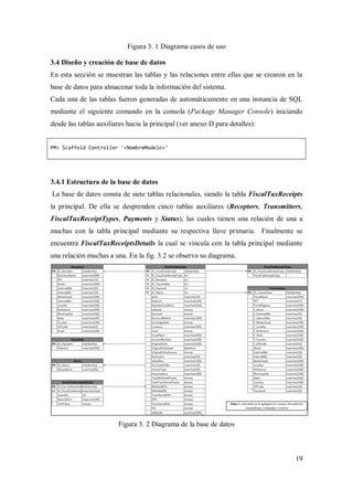 19
Figura 3. 1 Diagrama casos de uso
3.4 Diseño y creación de base de datos
En esta sección se muestran las tablas y las relaciones entre ellas que se crearon en la
base de datos para almacenar toda la información del sistema.
Cada una de las tablas fueron generadas de automáticamente en una instancia de SQL
mediante el siguiente comando en la consola (Package Manager Console) iniciando
desde las tablas auxiliares hacia la principal (ver anexo D para detalles):
PM> Scaffold Controller '<NombreModelo>'
3.4.1 Estructura de la base de datos
La base de datos consta de siete tablas relacionales, siendo la tabla FiscalTaxReceipts
la principal. De ella se desprenden cinco tablas auxiliares (Receptors, Transmitters,
FiscalTaxReceiptTypes, Payments y Status), las cuales tienen una relación de una a
muchas con la tabla principal mediante su respectiva llave primaria. Finalmente se
encuentra FiscalTaxReceiptsDetails la cual se vincula con la tabla principal mediante
una relación muchas a una. En la fig. 3.2 se observa su diagrama.
Figura 3. 2 Diagrama de la base de datos
 