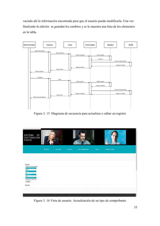 33
vaciada ahí la información encontrada para que el usuario pueda modificarla. Una vez
finalizado la edición se guardan los cambios y se le muestra una lista de los elementos
en la tabla.
Figura 3. 15 Diagrama de secuencia para actualizar o editar un registro
Figura 3. 16 Vista de usuario. Actualización de un tipo de comprobante
 