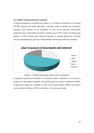 39
4.2 Análisis e interpretación de resultados
La primera pregunta en la gráfica de la figura 4.1, se enfoca en identificar si el sistema
P3CFDI, funciona de manera adecuada, si presento errores o detalles que requirieran
atención; como muestra en los resultados, el 50% de las personas entrevistadas
contestaron que el desempeño fue bueno, mientras que el 30% evaluó al sistema como
regular y, el 20% contesto que le pareció excelente. Lo anterior indica que el sistema
funciona adecuadamente, pero que existen detalles mínimos que deben ser resueltos.
Figura 4. 1 Gráfica de pregunta número uno de la encuesta.
La siguiente pregunta de la gráfica 4.2, pretende ayudar a identificar si el sistema se
comporta de una manera amigable, esto garantiza que los usuarios explotan al máximo
la aplicación. Según los resultados el 60% de los entrevistados califica este aspecto
como excelente, mientras el 20% como bueno y el resto como regular.
¿Qué te paracio el desempeño del sistema?
Pesimo
Malo
Regular
Bueno
Excelente
 