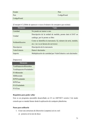 71
Estado Pais
Pais CodigoPostal
CodigoPostal
[Concepto„n‟] (Debe de aparecer n veces el número de conceptos que existan)
Elemento Valor
Cantidad No puede ser menor a uno
Unidad
Descripción de la unidad de medida, pronto dará el SAT un
catálogo, por lo pronto es libre
NoIdentificacion
Como se identifica la mercancía. Ej. número de serie, modelo,
etc. ( no va en factura de servicios)
Descripcion Descripción de la mercancía
ValorUnitario Hasta 6 decimales
Importe Multiplicación de cantidad por ValorUnitario a seis decimales
[Impuestos]
Elemento
TotalImpuestosRetenidos
TotalImpuestosTrasladados
IVARetenido
ISRRetenido
IEPSTrasladado
IEPSTasa
IVATrasladado
IVATasa
Requisitos para poder sellar
Este es un programa ejecutable desarrollado en C# en ASP.NET versión 2 de modo
consola que se manda llamar desde la aplicación de cualquier plataforma.
Pasos para utilizarlo
1. Crear una estructura de directorios (carpetas) así en cmd:
a) ponerse en la raíz de disco
 