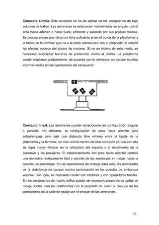 Concepto simple. Este concepto se ha de aplicar en los aeropuertos de bajo
volumen de tráfico. Las aeronaves se estacionan normalmente en ángulo, con la
proa hacia adentro o hacia fuera, entrando y saliendo por sus propios medios.
Es preciso prever una distancia libre suficiente entre el borde de la plataforma y
el frente de la terminal que da a la parte aeronáutica con el propósito de reducir
los efectos nocivos del chorro de motores. Si no se hiciera de este modo, es
necesario establecer barreras de protección contra el chorro. La plataforma
puede ampliarse gradualmente, de acuerdo con la demanda, sin causar muchos
inconvenientes en las operaciones del aeropuerto.

Concepto lineal. Las aeronaves pueden estacionarse en configuración angular
o paralela. No obstante, la configuración de proa hacia adentro para
entrar/empuje para salir con distancia libre mínima entre el borde de la
plataforma y la terminal, es más común dentro de este concepto ya que con ella
se logra mayor eficacia en la utilización del espacio y el movimiento de la
aeronave y los pasajeros. El estacionamiento con proa hacia adentro permite
una maniobra relativamente fácil y sencilla de las aeronaves en rodaje hasta la
posición de embarque. En las operaciones de empuje para salir, las actividades
de la plataforma no causan mucha perturbación en los puestos de embarque
vecinos. Con todo, es necesario contar con tractores y con operadores hábiles.
En los aeropuertos de mucho tráfico puede ser necesario proporcionar calles de
rodaje dobles para las plataformas con el propósito de evitar el bloqueo de las
operaciones de la calle de rodaje por el empuje de las aeronaves.

26

 