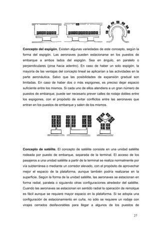 Concepto del espigón. Existen algunas variedades de este concepto, según la
forma del espigón. Las aeronaves pueden estacionarse en los puestos de
embarque a ambos lados del espigón. Sea en ángulo, en paralelo o
perpendiculares (proa hacia adentro). En caso de haber un solo espigón, la
mayoría de las ventajas del concepto lineal se aplicarían a las actividades en la
parte aeronáutica. Salvo que las posibilidades de expansión gradual son
limitadas. En caso de haber dos o más espigones, es preciso dejar espacio
suficiente entre los mismos. Si cada uno de ellos atendiera a un gran número de
puestos de embarque, puede ser necesario prever calles de rodaje dobles entre
los espigones, con el propósito de evitar conflictos entre las aeronaves que
entran en los puestos de embarque y salen de los mismos.

Concepto de satélite. El concepto de satélite consiste en una unidad satélite
rodeada por puesto de embarque, separada de la terminal. El acceso de los
pasajeros a una unidad satélite a partir de la terminal se realiza normalmente por
vía subterránea o mediante un corredor elevado, con el propósito de aprovechar
mejor el espacio de la plataforma, aunque también podría realizarse en la
superficie. Según la forma de la unidad satélite, las aeronaves se estacionan en
forma radial, paralela o siguiendo otras configuraciones alrededor del satélite.
Cuando las aeronaves se estacionan en sentido radial la operación de remolque
es fácil aunque se requiere mayor espacio en la plataforma. Si se adopta una
configuración de estacionamiento en cuña, no sólo se requiere un rodaje con
virajes cerrados desfavorables para llegar a algunos de los puestos de
27

 