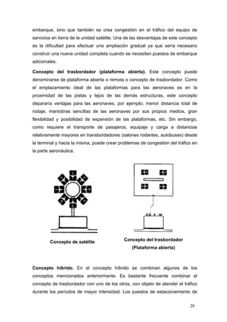 embarque, sino que también se crea congestión en el tráfico del equipo de
servicios en tierra de la unidad satélite. Una de las desventajas de este concepto
es la dificultad para efectuar una ampliación gradual ya que sería necesario
construir una nueva unidad completa cuando se necesiten puestos de embarque
adicionales.
Concepto del trasbordador (plataforma abierta). Este concepto puede
denominarse de plataforma abierta o remota o concepto de trasbordador. Como
el emplazamiento ideal de las plataformas para las aeronaves es en la
proximidad de las pistas y lejos de las demás estructuras, este concepto
depararía ventajas para las aeronaves, por ejemplo, menor distancia total de
rodaje, maniobras sencillas de las aeronaves por sus propios medios, gran
flexibilidad y posibilidad de expansión de las plataformas, etc. Sin embargo,
como requiere el transporte de pasajeros, equipaje y carga a distancias
relativamente mayores en transbordadores (salones rodantes, autobuses) desde
la terminal y hacia la misma, puede crear problemas de congestión del tráfico en
la parte aeronáutica.

Concepto de satélite

Concepto del trasbordador
(Plataforma abierta)

Concepto híbrido. En el concepto híbrido se combinan algunos de los
conceptos mencionados anteriormente. Es bastante frecuente combinar el
concepto de trasbordador con uno de los otros, con objeto de atender el tráfico
durante los períodos de mayor intensidad. Los puestos de estacionamiento de
28

 