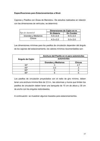 Especificaciones para Estacionamientos a Nivel.

Cajones y Pasillos con Áreas de Maniobra.- De estudios realizados en relación
con las dimensiones de vehículos, se determinó:

Tipo de Automóvil
Grandes y Medianos
Chicos

Dimensiones de Cajón en m
En Batería
En Cordón
5.0 x 2.4
6.0 x 2.4
4.2 x 2.2

5.0 x 2.0

Las dimensiones mínimas para los pasillos de circulación dependen del ángulo
de los cajones del estacionamiento, los valores mínimos recomendables son:

Ángulo de Cajón
30º
45º
60º
90º

Anchura del Pasillo en m para automóviles
automóviles
Grandes y Medianos
3
3.3
5
6

Chicos
2.7
3
4
5

Los pasillos de circulación proyectados con el radio de giro mínimo, deben
tener una anchura mínima libre de 3.5 m., las columnas y muros que limitan los
pasillos de circulación deben tener una banqueta de 15 cm de altura y 30 cm
de ancho con los ángulos redondeados.

A continuación se muestran algunos trazados para estacionamientos.

37

 