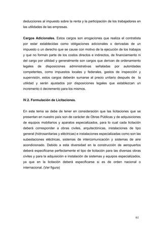 deducciones al impuesto sobre la renta y la participación de los trabajadores en
las utilidades de las empresas.

Cargos Adicionales. Estos cargos son erogaciones que realiza el contratista
por estar establecidas como obligaciones adicionales o derivadas de un
impuesto o un derecho que se cause con motivo de la ejecución de los trabajos
y que no forman parte de los costos directos e indirectos, de financiamiento ni
del cargo por utilidad y generalmente son cargos que derivan de ordenamiento
legales

de

disposiciones

administrativas

señaladas

por

autoridades

competentes, como impuestos locales y federales, gastos de inspección y
supervisión, estos cargos deberán sumarse al precio unitario después de la
utilidad y serán ajustados por disposiciones legales que establezcan un
incremento ó decremento para los mismos.

IV.2. Formulación de Licitaciones.

En este tema se debe de tener en consideración que las licitaciones que se
presentan en nuestro país son de carácter de Obras Públicas y de adquisiciones
de equipos mobiliarios y aparatos especializados, para lo cual cada licitación
deberá corresponder a obras civiles, arquitectónicas, instalaciones de tipo
general (hidrosanitarias y eléctricas) e instalaciones especializadas como son las
subestaciones eléctricas, sistemas de intercomunicación y sistemas de aire
acondicionado. Debido a esta diversidad en la construcción de aeropuertos
deberá especificarse perfectamente el tipo de licitación para las diversas obras
civiles y para la adquisición e instalación de sistemas y equipos especializados,
ya que en la licitación deberá especificarse si es de orden nacional o
internacional. (Ver figura)

61

 