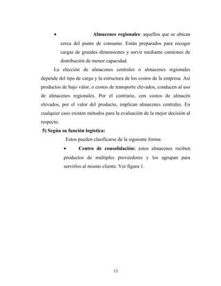 • Almacenes regionales: aquellos que se ubican
cerca del punto de consumo. Están preparados para recoger
cargas de grandes dimensiones y servir mediante camiones de
distribución de menor capacidad.
La elección de almacenes centrales o almacenes regionales
depende del tipo de carga y la estructura de los costos de la empresa. Así
productos de bajo valor, o costos de transporte elevados, conducen al uso
de almacenes regionales. Por el contrario, con costos de almacén
elevados, por el valor del producto, implican almacenes centrales. En
cualquier caso existen métodos para la evaluación de la mejor decisión al
respecto.
5) Según su función logística:
Estos pueden clasificarse de la siguiente forma:
• Centro de consolidación: estos almacenes reciben
productos de múltiples proveedores y los agrupan para
servirlos al mismo cliente. Ver figura 1.
13
 