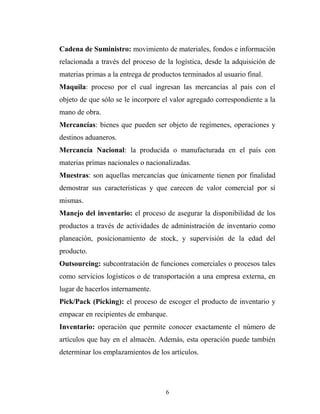 Cadena de Suministro: movimiento de materiales, fondos e información
relacionada a través del proceso de la logística, desde la adquisición de
materias primas a la entrega de productos terminados al usuario final.
Maquila: proceso por el cual ingresan las mercancías al país con el
objeto de que sólo se le incorpore el valor agregado correspondiente a la
mano de obra.
Mercancías: bienes que pueden ser objeto de regímenes, operaciones y
destinos aduaneros.
Mercancía Nacional: la producida o manufacturada en el país con
materias primas nacionales o nacionalizadas.
Muestras: son aquellas mercancías que únicamente tienen por finalidad
demostrar sus características y que carecen de valor comercial por sí
mismas.
Manejo del inventario: el proceso de asegurar la disponibilidad de los
productos a través de actividades de administración de inventario como
planeación, posicionamiento de stock, y supervisión de la edad del
producto.
Outsourcing: subcontratación de funciones comerciales o procesos tales
como servicios logísticos o de transportación a una empresa externa, en
lugar de hacerlos internamente.
Pick/Pack (Picking): el proceso de escoger el producto de inventario y
empacar en recipientes de embarque.
Inventario: operación que permite conocer exactamente el número de
artículos que hay en el almacén. Además, esta operación puede también
determinar los emplazamientos de los artículos.
6
 