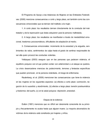 19
El Programa de Apoyo a las Instancias de Mujeres en las Entidades Federati-
vas (2006) menciona consecuencias a corto y largo plazo, así también como las con-
secuencias emocionales que se derivan del maltrato a la mujer.
1. A corto plazo: los resultados derivan directamente de la conducta del mal-
tratador y de la repercusión que éstas adquieren para la persona maltratada.
2. A largo plazo: los resultados se manifiestan a través de inestabilidad emo-
cional, trastornos psicosomáticos, dificultades de adaptación al medio.
3. Consecuencias emocionales: incremento de la ansiedad y la angustia, sen-
timientos de rabia, sentimientos de culpa hasta el grado de sentirse responsable de
ser ella quien provocó las conductas violentas.
Velázquez (2003) asegura que en las personas que padecen violencia, el
equilibrio psíquico con el que podían contar con anterioridad a un ataque se quiebra.
La crisis desencadena vivencias de padecimiento, temores y fantasías específicas
que pueden promover, en la persona violentada, el riesgo de enfermarse.
Rautenberg, et al. (2009) mencionan las consecuencias que tiene la violencia
en las mujeres en los siguientes aspectos: (a) efectos a corto plazo: conmoción, ne-
gación de lo sucedido y aturdimiento, (b) efectos a largo plazo: tensión postraumática
y trastornos del sueño, (c) en la salud psíquica: depresión, ansiedad.
Etapas de la violencia
Dutton (1981) menciona que es difícil ser claramente consciente de su princi-
pio y frecuentemente no acaba hasta que alguien muere. La mayoría abrumadora de
víctimas de la violencia está constituida por mujeres y niños.
 