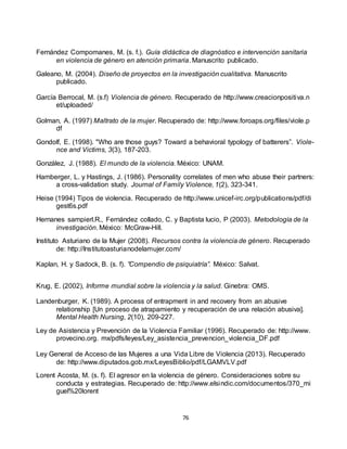 76
Fernández Compomanes, M. (s. f.). Guía didáctica de diagnóstico e intervención sanitaria
en violencia de género en atención primaria. Manuscrito publicado.
Galeano, M. (2004). Diseño de proyectos en la investigación cualitativa. Manuscrito
publicado.
García Berrocal, M. (s.f) Violencia de género. Recuperado de http://www.creacionpositiva.n
et/uploaded/
Golman, A. (1997) Maltrato de la mujer. Recuperado de: http://www.foroaps.org/files/viole.p
df
Gondolf, E. (1998). "Who are those guys? Toward a behavioral typology of batterers”. Viole-
nce and Victims, 3(3), 187-203.
González, J. (1988). El mundo de la violencia. México: UNAM.
Hamberger, L. y Hastings, J. (1986). Personality correlates of men who abuse their partners:
a cross-validation study. Journal of Family Violence, 1(2), 323-341.
Heise (1994) Tipos de violencia. Recuperado de http://www.unicef-irc.org/publications/pdf/di
gest6s.pdf
Hernanes sampierl.R., Fernández collado, C. y Baptista lucio, P (2003). Metodología de la
investigación. México: McGraw-Hill.
Instituto Asturiano de la Mujer (2008). Recursos contra la violencia de género. Recuperado
de: http://Institutoasturianodelamujer.com/
Kaplan, H. y Sadock, B. (s. f). ”Compendio de psiquiatría”. México: Salvat.
Krug, E. (2002), Informe mundial sobre la violencia y la salud. Ginebra: OMS.
Landenburger, K. (1989). A process of entrapment in and recovery from an abusive
relationship [Un proceso de atrapamiento y recuperación de una relación abusiva].
Mental Health Nursing, 2(10), 209-227.
Ley de Asistencia y Prevención de la Violencia Familiar (1996). Recuperado de: http://www.
provecino.org. mx/pdfs/leyes/Ley_asistencia_prevencion_violencia_DF.pdf
Ley General de Acceso de las Mujeres a una Vida Libre de Violencia (2013). Recuperado
de: http://www.diputados.gob.mx/LeyesBiblio/pdf/LGAMVLV.pdf
Lorent Acosta, M. (s. f). El agresor en la violencia de género. Consideraciones sobre su
conducta y estrategias. Recuperado de: http://www.elsindic.com/documentos/370_mi
guel%20lorent
 