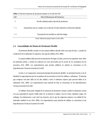 Diseño de la estructura de pavimento de la pista del Aeródromo de Panguipulli
Ingeniería Civil en Obras Civiles | Marco Teórico 23
CDF Vida Útil Remanente del Pavimento
1 Ha sido utilizada toda la vida útil de pavimento.
< 1 El pavimento aún no cumple con su vida útil. El valor obtenido es la fracción utilizada.
> 1 El pavimento ha excedido su vida útil a fatiga.
Fuente: Elaboración propia, basado en (FAA, 2009).
2.3 Generalidades de Diseño de Pavimento Flexible
El pavimento flexible consiste en una carpeta asfáltica ubicada sobre una capa de base, y cuando las
condiciones de la subrasante lo requieren, una capa de subbase (FAA, 2009).
La carpeta asfáltica debe prevenir la penetración del agua a la base, proveer una superficie suave, libre
de partículas sueltas, y resistir los esfuerzos de corte provocados por la acción de los neumáticos de las
aeronaves (FAA, 2009). Los requerimientos para mezclas asfálticas en caliente se encuentran en las
Especificaciones Técnicas Generales de la DAP.
La base es el componente estructural principal del pavimento flexible. Su principal función es la de
distribuir la carga impuesta por los neumáticos de las aeronaves al nivel de subbase o subrasante. El material
que compone esta base debe ser de alta calidad y tener el suficiente espesor para prevenir fallas en la
subrasante (FAA, 2009). Los requerimientos para material de base se encuentran en las Especificaciones
Técnicas Generales de la DAP.
La Subbase forma parte integral de la estructura de pavimento excepto cuando la subrasante cuenta
con una capacidad de soporte (CBR) sobre 20. La función es similar a las de la base, distribuir cargas. Sin
embargo, las solicitaciones a este nivel son menores, por lo que las exigencias respecto a la calidad de los
materiales también lo son (FAA, 2009). Los requerimientos para material de subbase se encuentran en las
Especificaciones Técnicas Generales de la DAP.
Tabla 2: Vida útil remanente de pavimentos basado en el valor del CDF
 